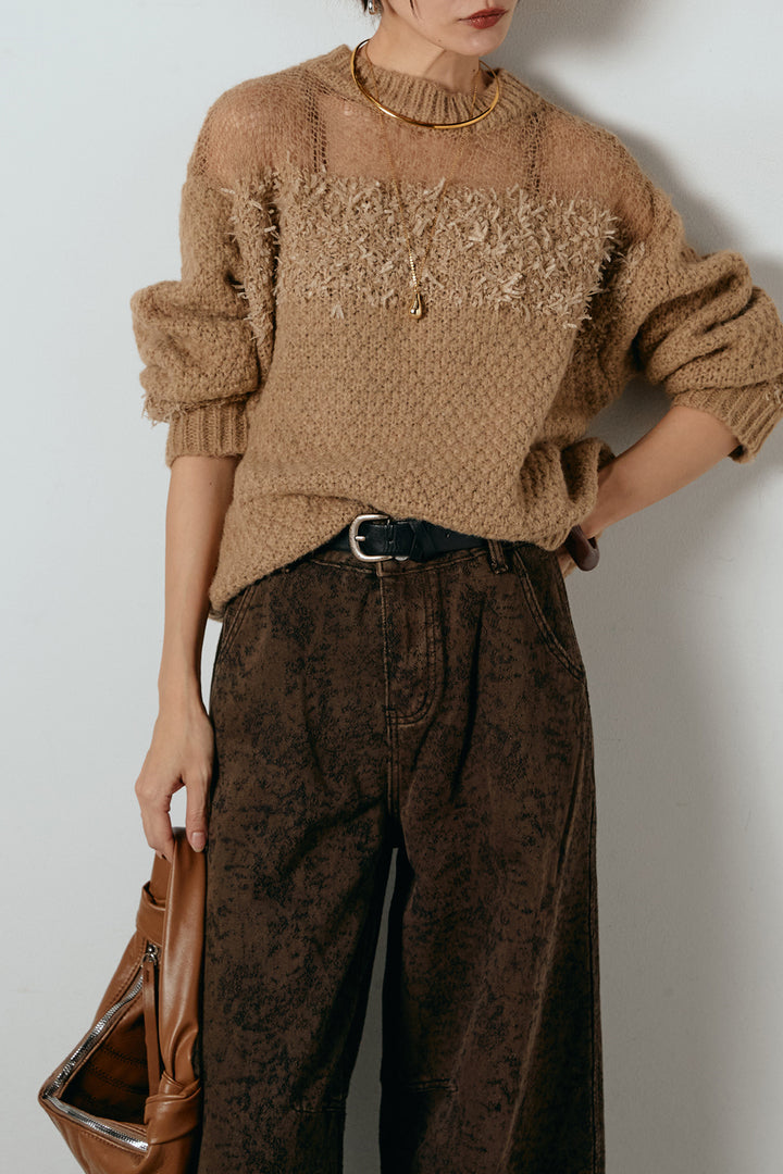 [SET]パターンランダム編みニットトップス+ベルト付きニュアンス柄カーブワイドパンツ(2set)