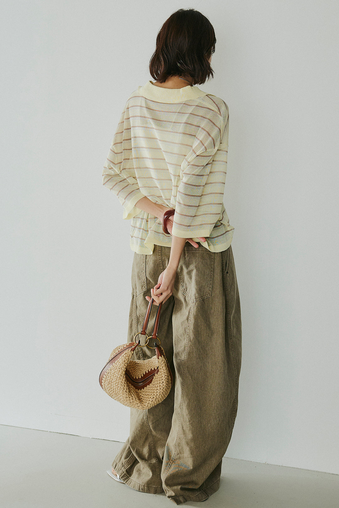 [SET]ボーダーニットポロシャツ+サイドベルトカーブワイドパンツ(2set)