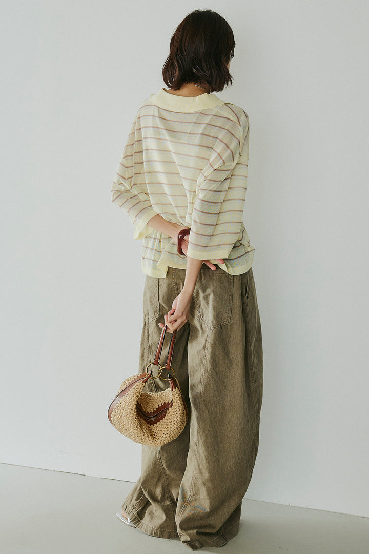 [SET]ボーダーニットポロシャツ+サイドベルトカーブワイドパンツ(2set)