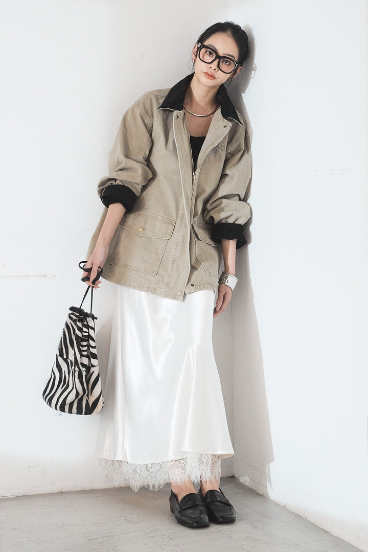 [SET]襟コーデュロイデザインデニム調カバーオール+裾レースデザインサテンスカート(2set)