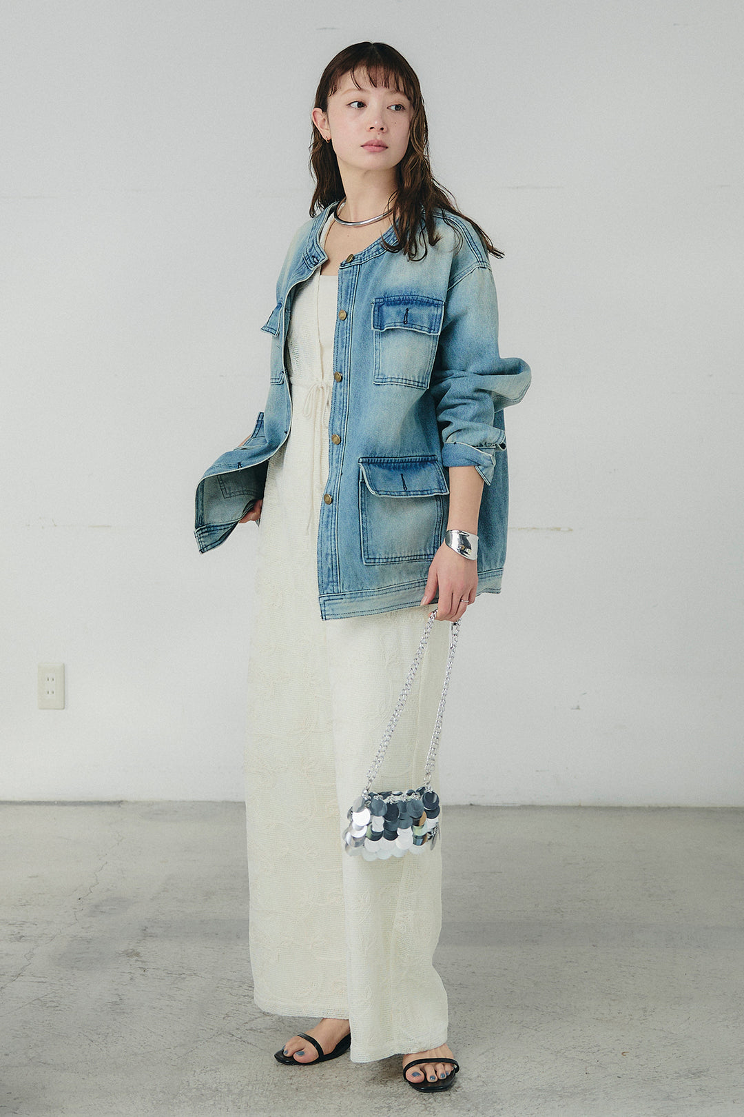 [SET]ノーカラーデニムポケットジャケット+レースサロペット(2set)