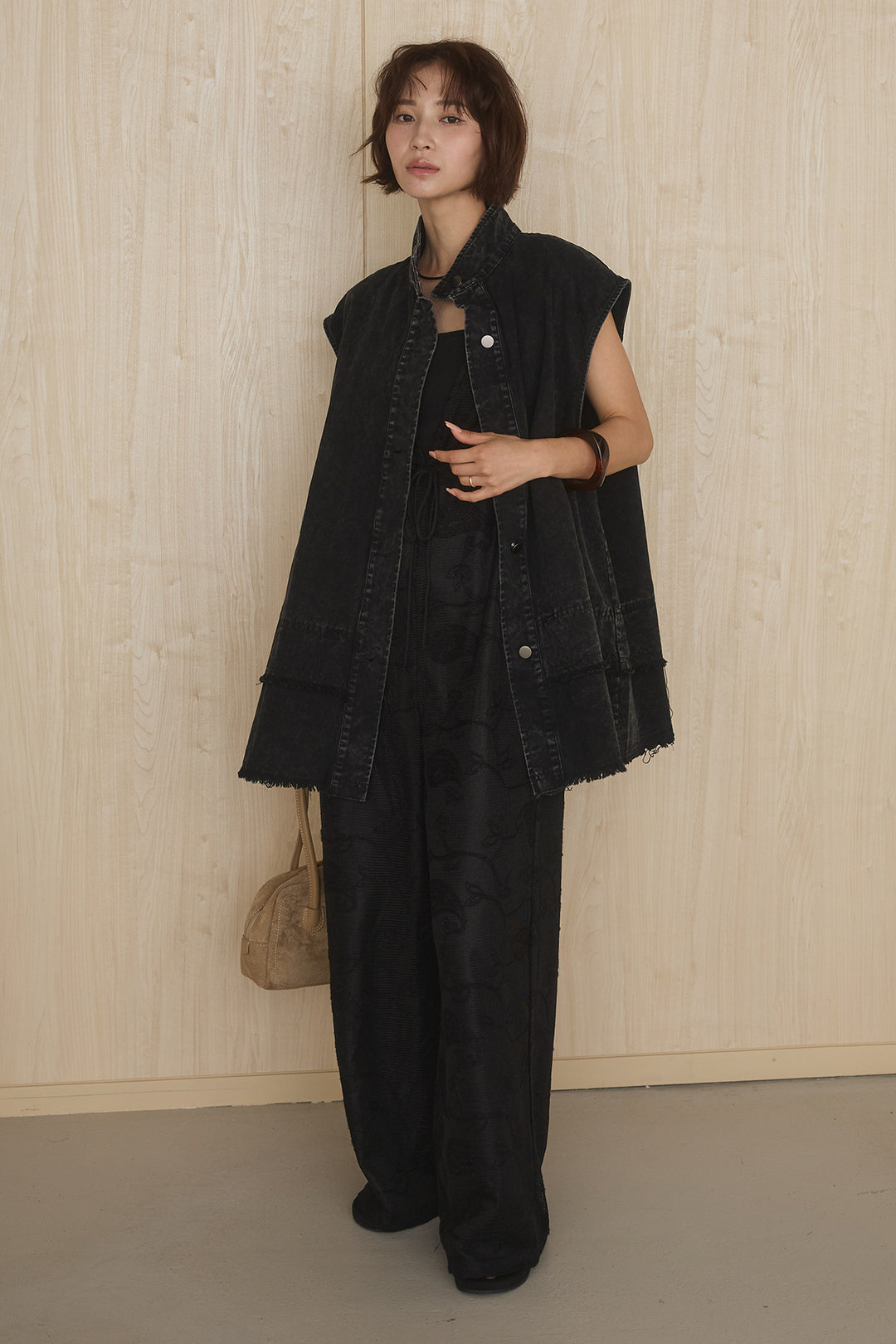 [SET]ケミカルデニムヘムカットオフジレ+レースサロペット(2set)