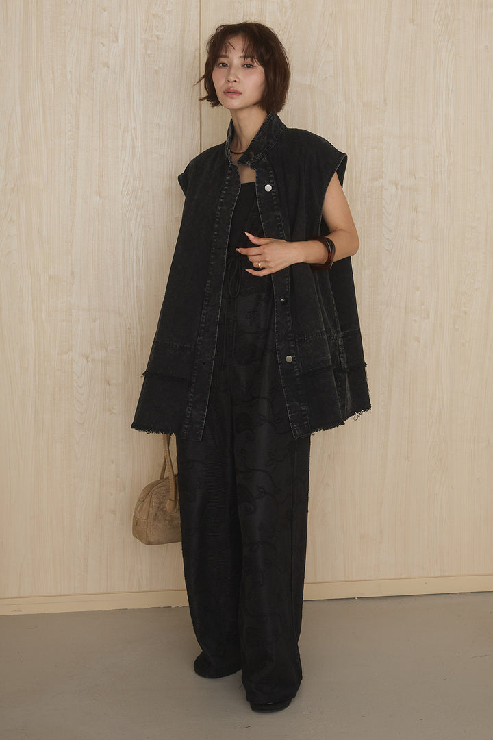 [SET]ケミカルデニムヘムカットオフジレ+レースサロペット(2set)