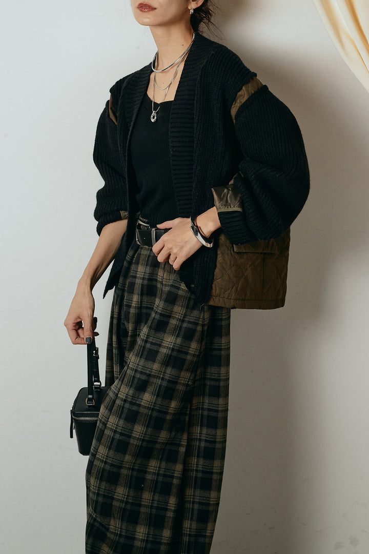 [SET]キルティング切り替えニットカーディガン+ベルト付きタータンチェックカーブワイドパンツ(2set)