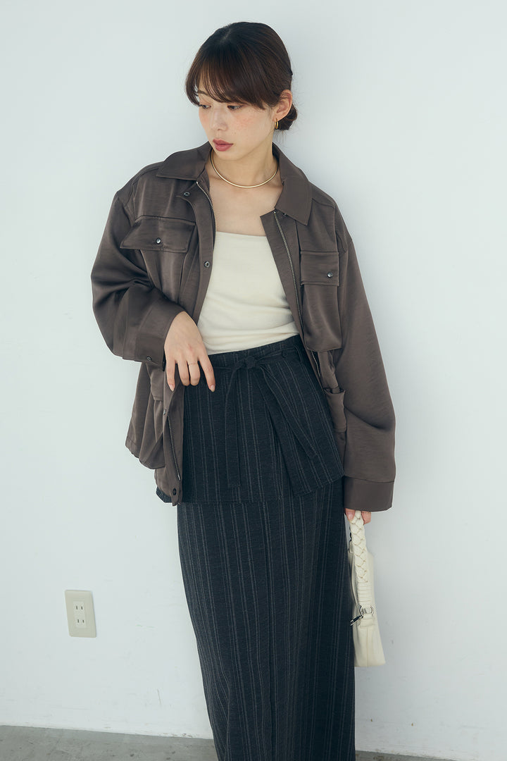 [SET]サテンライトブルゾン+ラップ巻きピンストライプワイドスカート(2set)