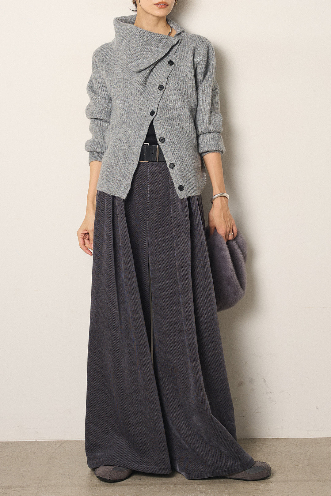 [SET]ボタンデザインネックニットプルオーバー+ベルトループコーデュロイワイドパンツ(2set)
