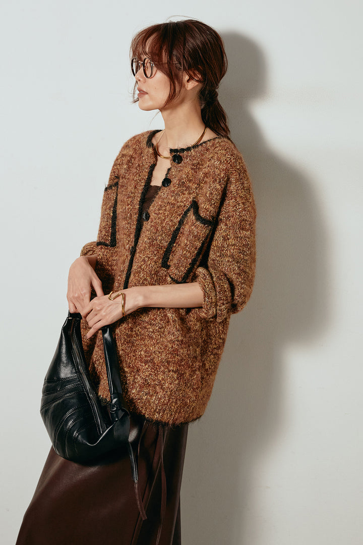 [SET]ミックスニットポケットカーディガン+紐付きフェイクレザーワイドスカート(2set)