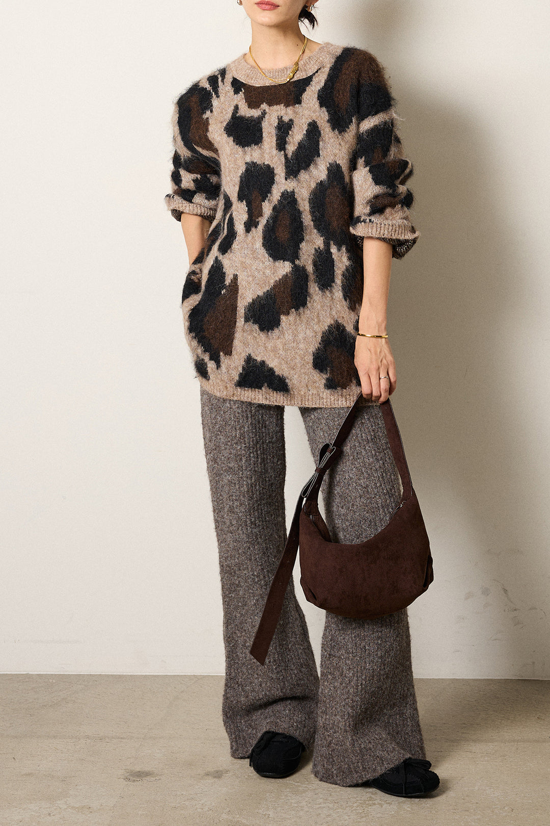 [SET]ルーズアニマルモヘアニットトップス+杢ニットリブフレアパンツ(2set)