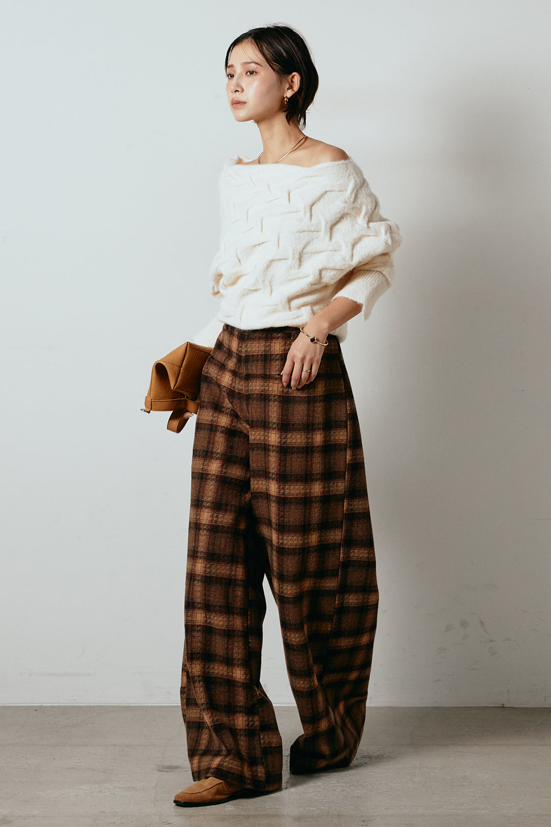[SET]ボートネックニットトップス+ルーズタータンチェックワイドパンツ(2set)