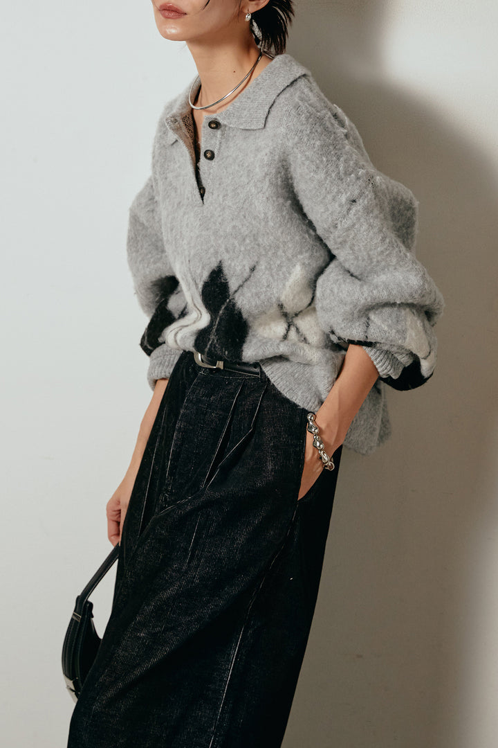 [SET]アーガイル柄ポロニットトップス+フロントタック入りコーデュロイパンツ(2set)