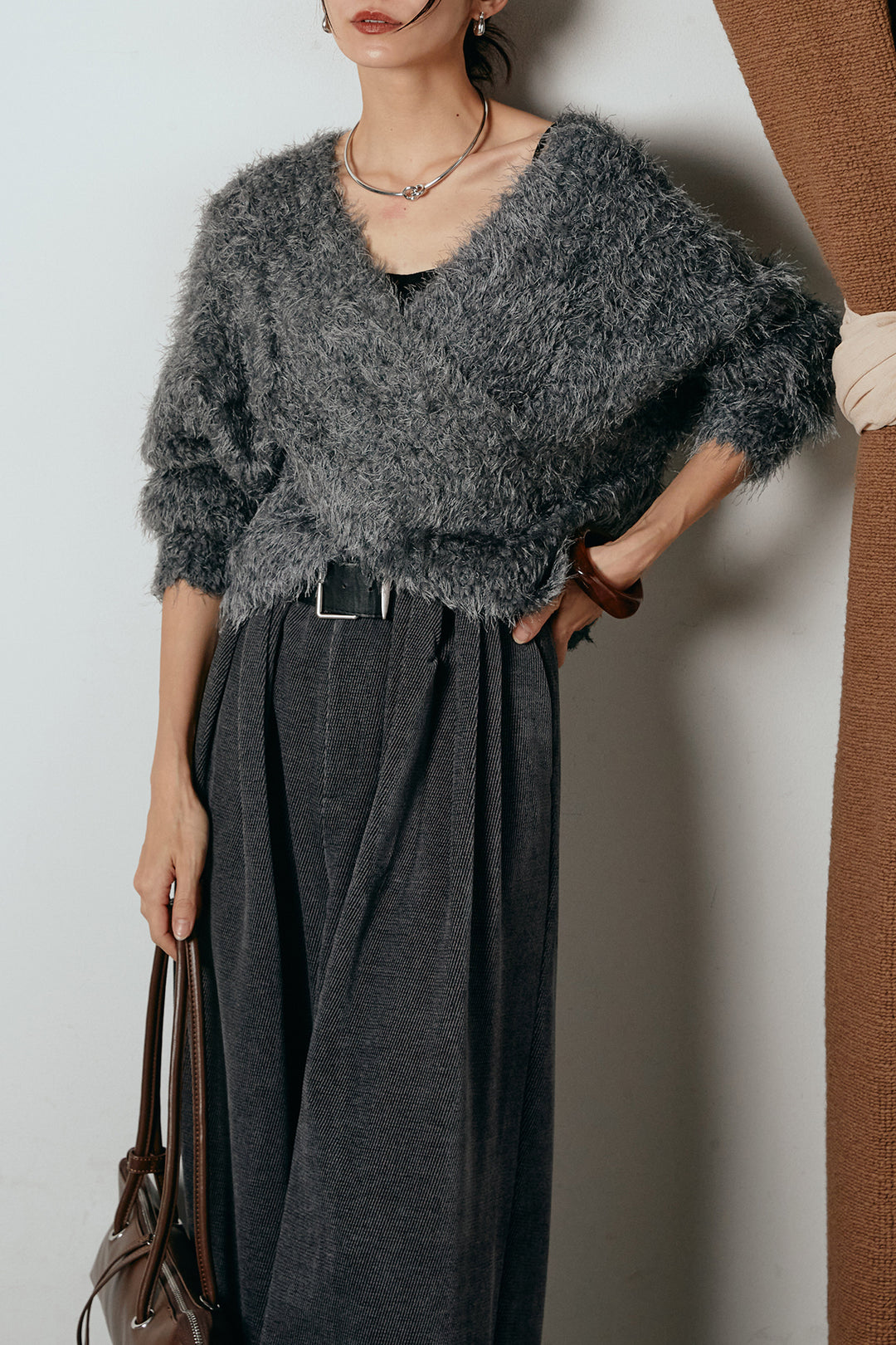 [SET]シャギークロスニットトップス+ベルトループコーデュロイワイドパンツ(2set)