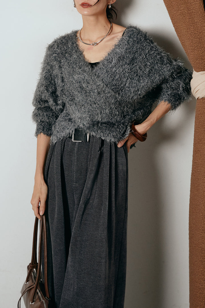 [SET]シャギークロスニットトップス+ベルトループコーデュロイワイドパンツ(2set)