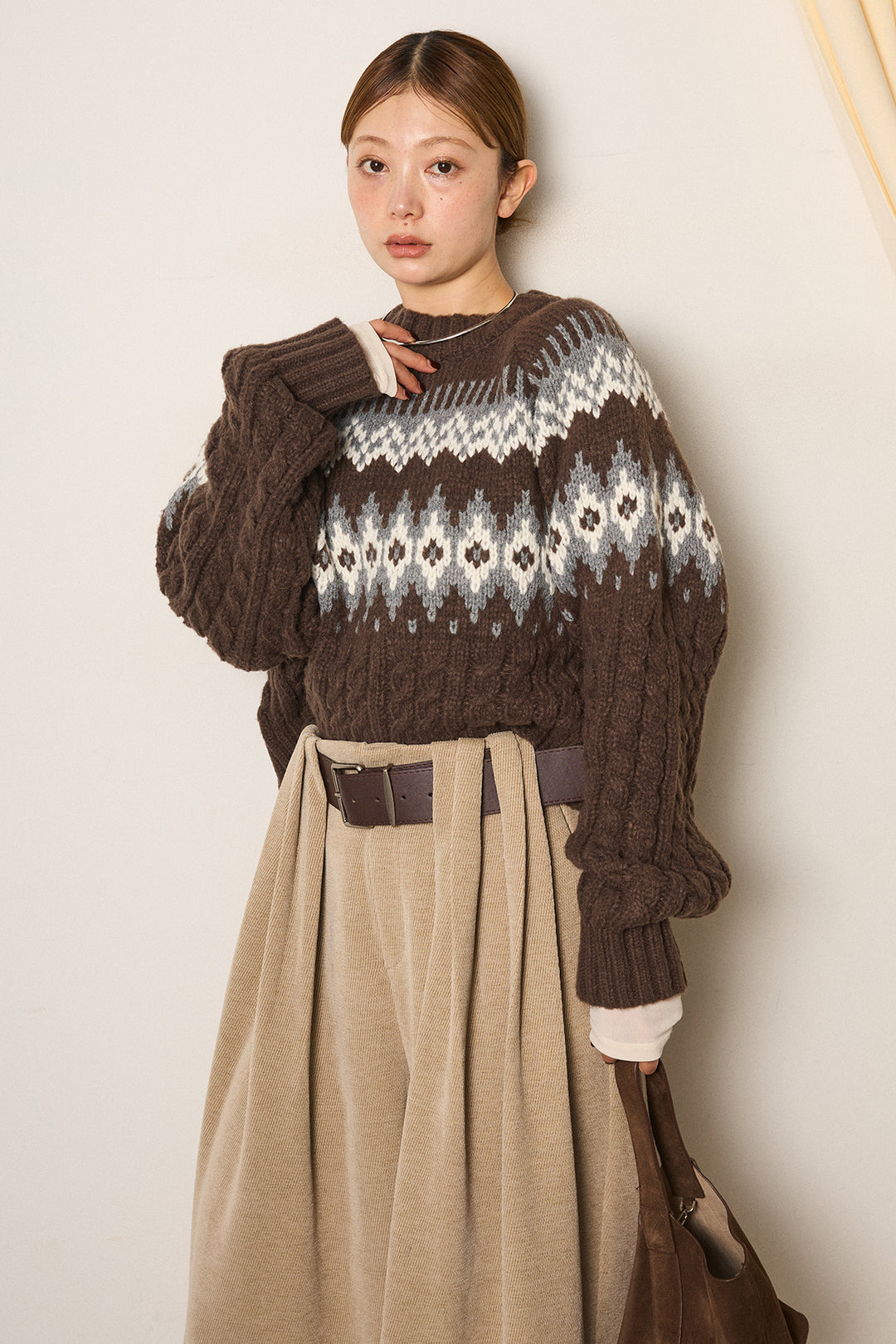 [SET]2WAY求心柄ジャガードショートカーディガン+ベルトループコーデュロイワイドパンツ(2set)