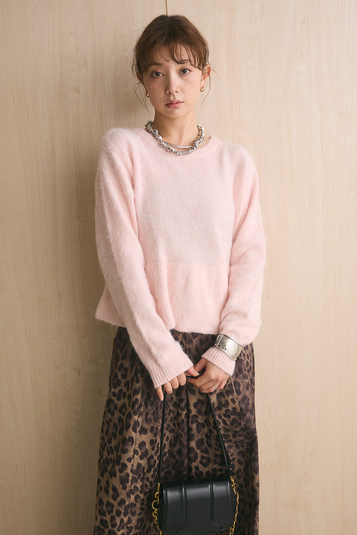 [SET]モヘアぺプラムクルーネックプルオーバー+太ベルト付きレオパード柄ワイドパンツ(2set)