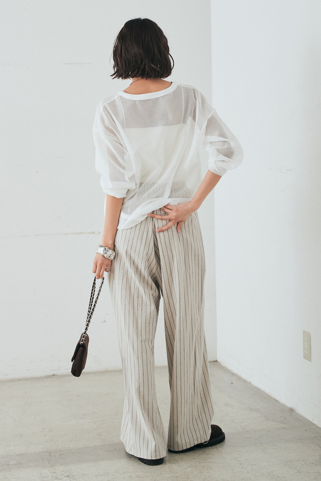 [SET]メッシュカットソースキッパープルオーバー+リネンライクストライプタックイージーパンツ(2set)