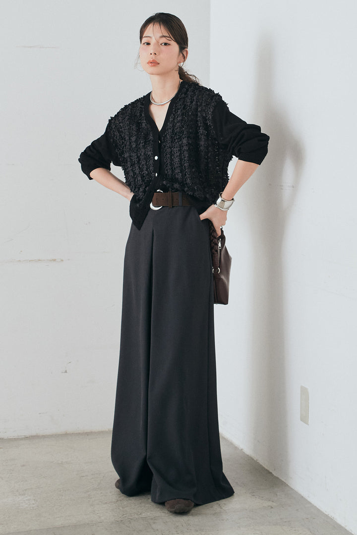 [SET]モコレースVネックカーディガン+太ベルト付きフロントタックパンツ(2set)