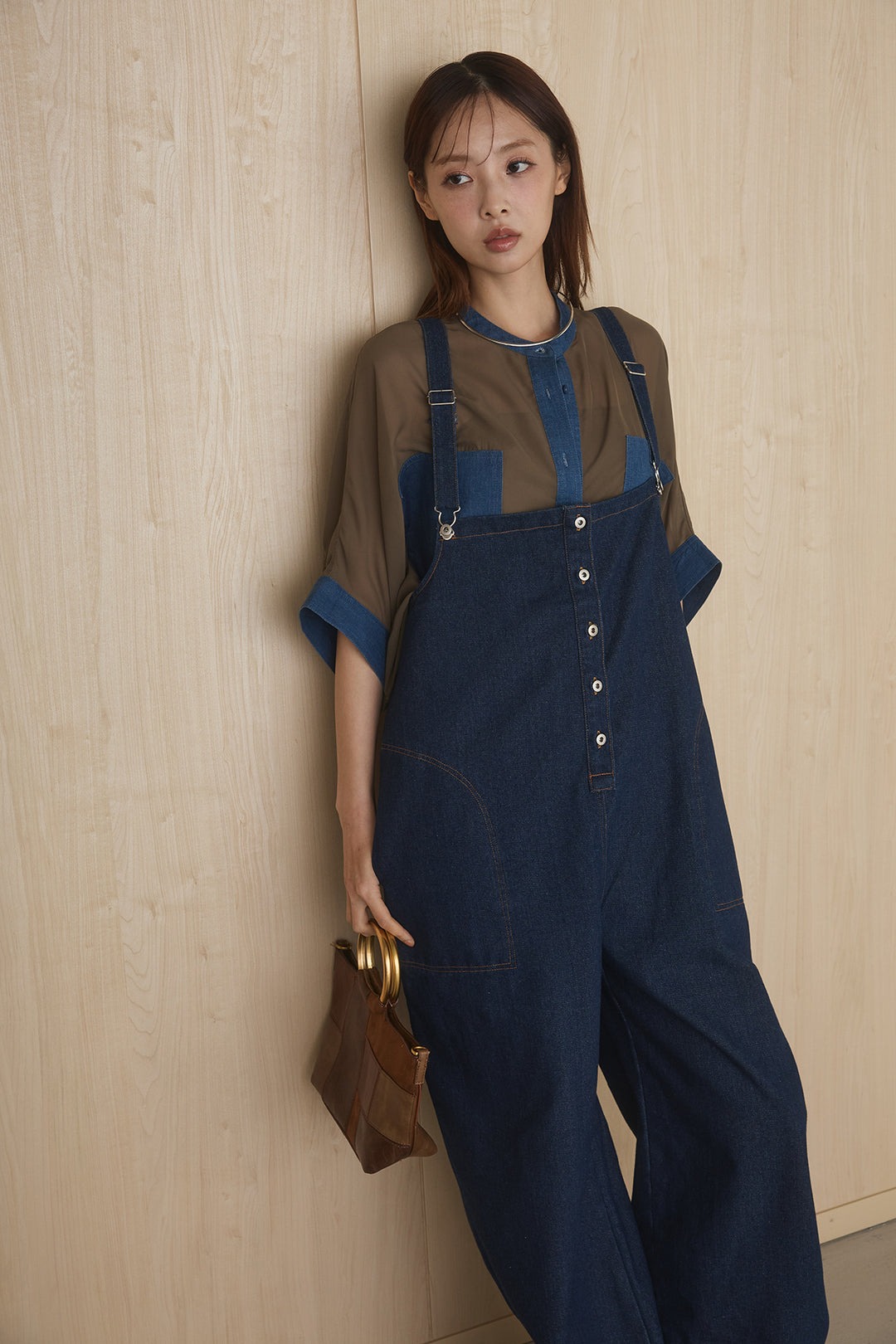 [SET]デニムライクビッグツーポケシアーシャツ+フロントボタンデニムサロペット(2set)