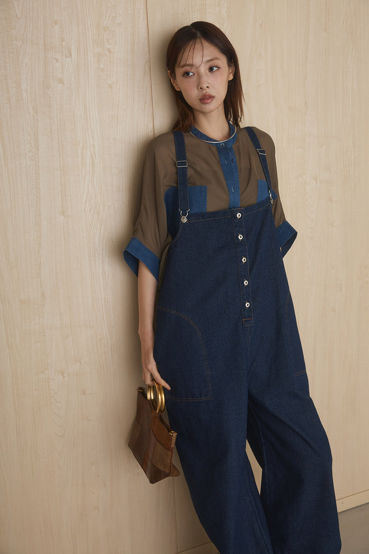 [SET]デニムライクビッグツーポケシアーシャツ+フロントボタンデニムサロペット(2set)