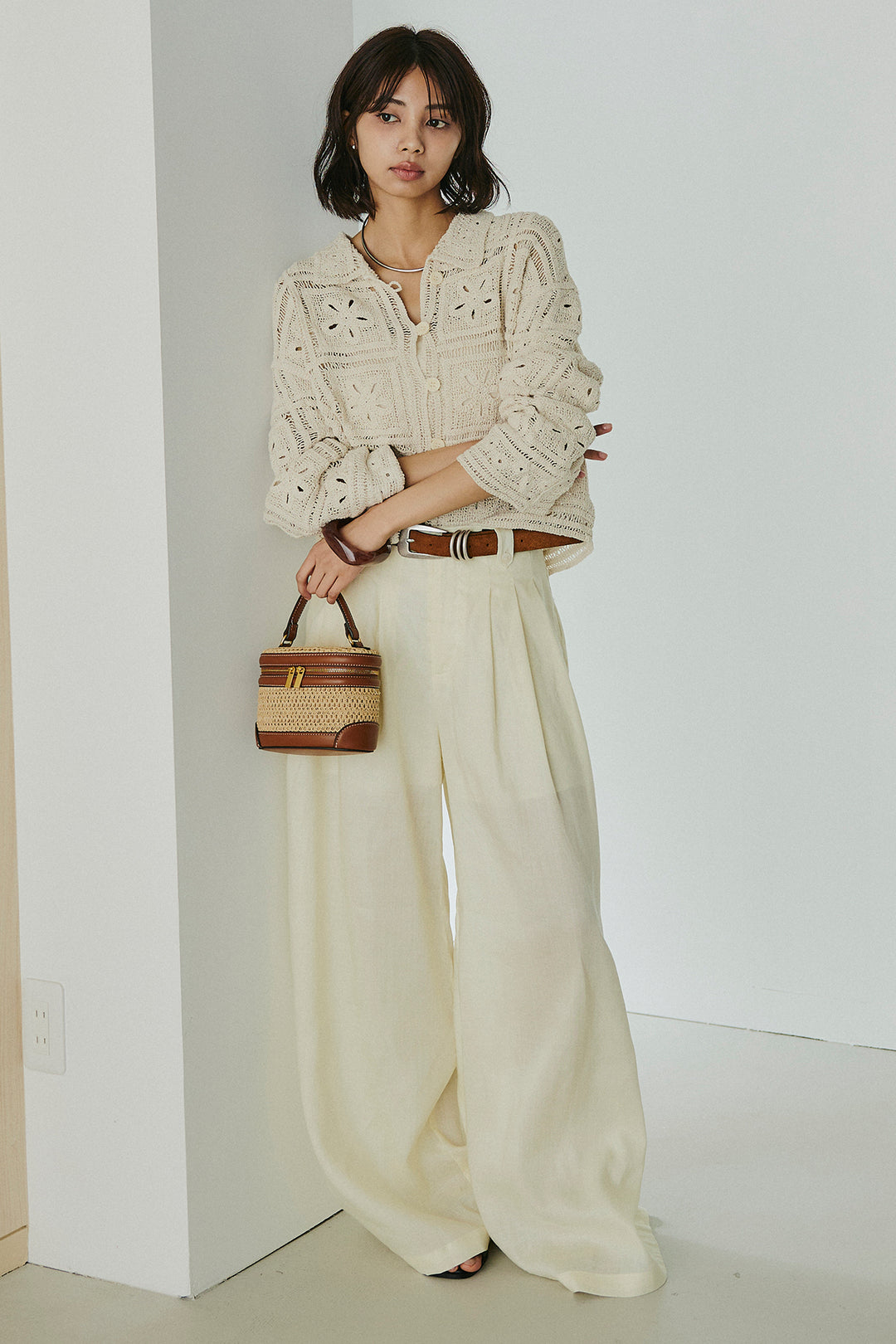 [SET]鍵編みフラワーレースカーディガン+タック入りワイドパンツ(2set)