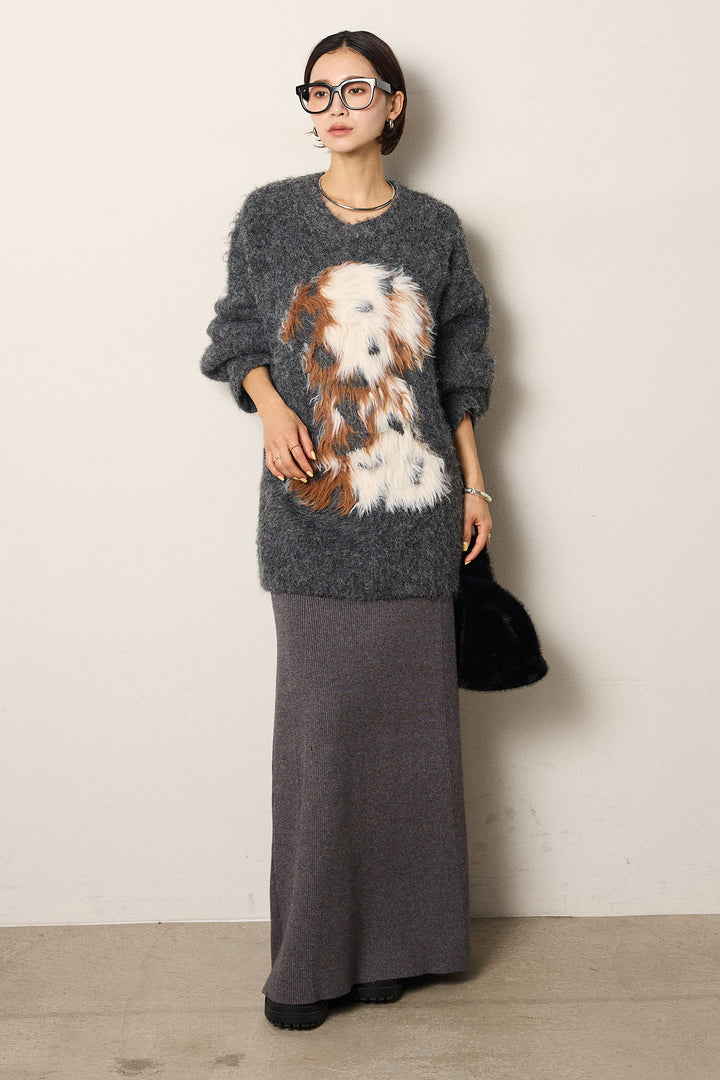 [SET]シャギーニュアンスアニマルニット+リブナローニットスカート(2set)