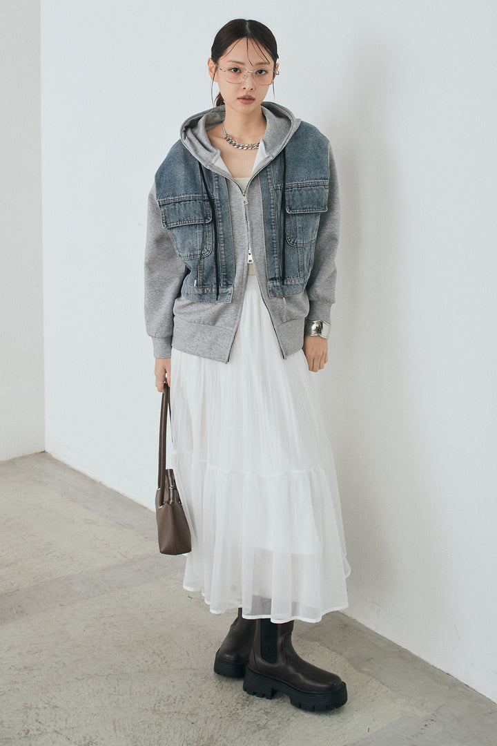 [SET]デニム切替ポンチダブルジップパーカー+ボリュームシルエットチュールスカート(2set)