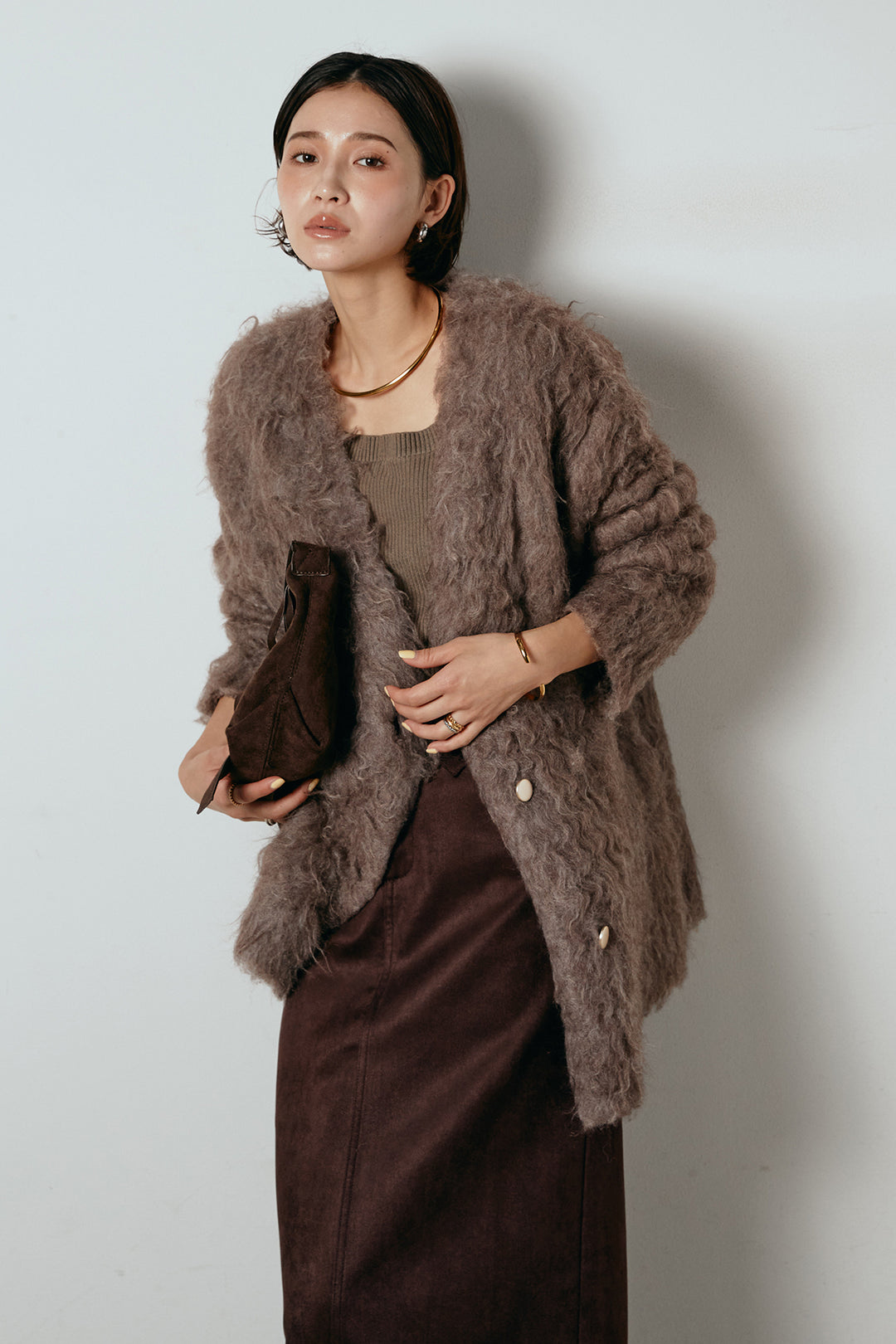 [SET]ウェーブシャギーニットジャケット+スウェードライク裾フリンジスカート(2set)