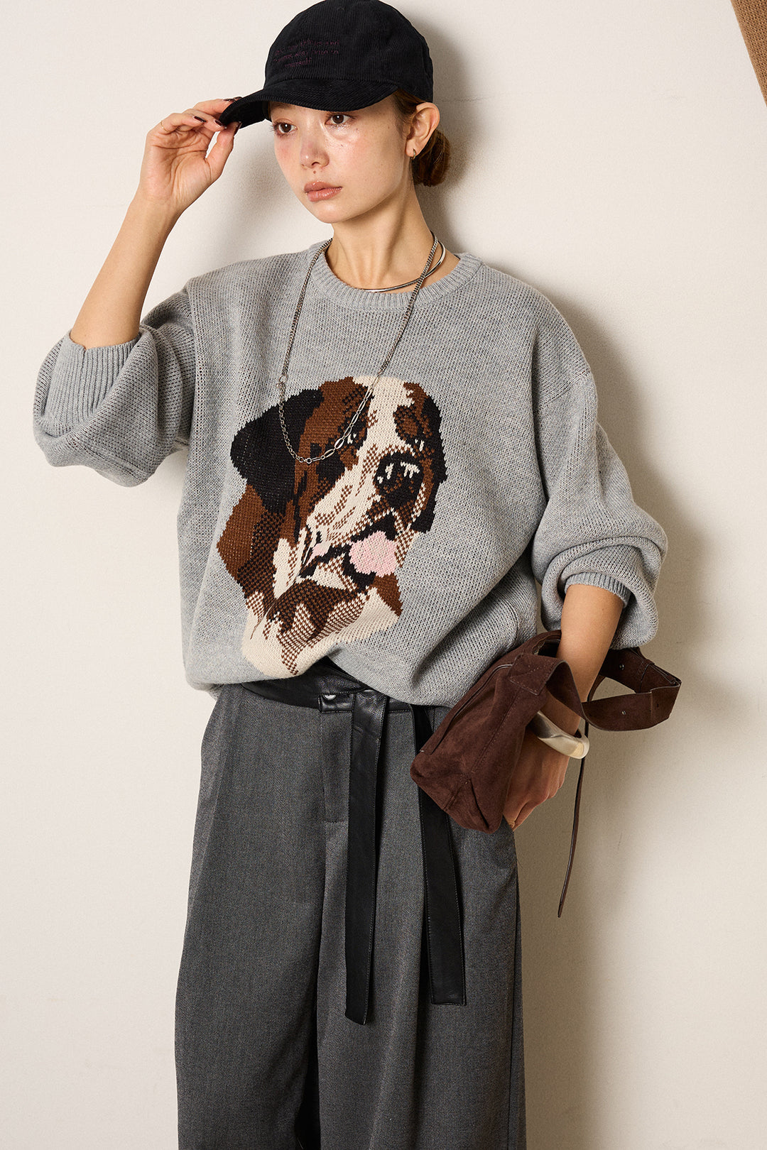 [SET]アニマルジャガード柄ニットトップス+巻ベルトウエストレザーライクワイドパンツ(2set)