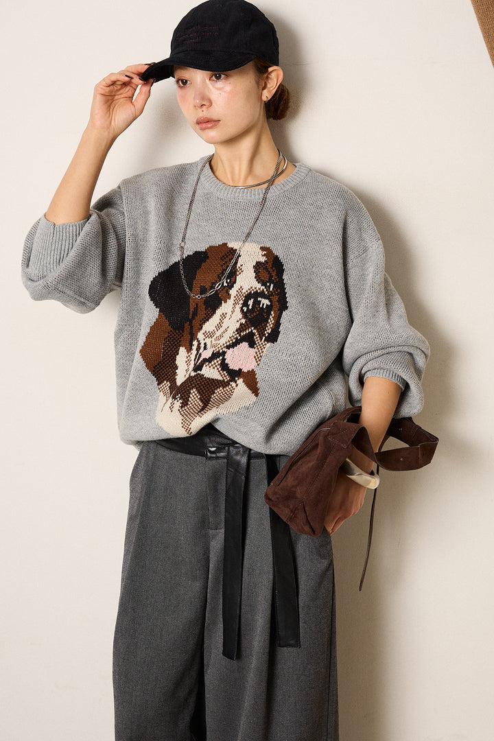 [SET]アニマルジャガード柄ニットトップス+巻ベルトウエストレザーライクワイドパンツ(2set)