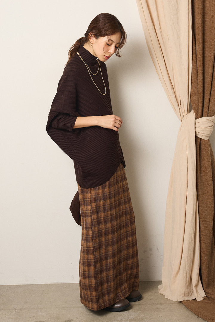 [SET]アシメデザインリブポンチョニットトップス+シャギーチェックストレートスカート(2set)