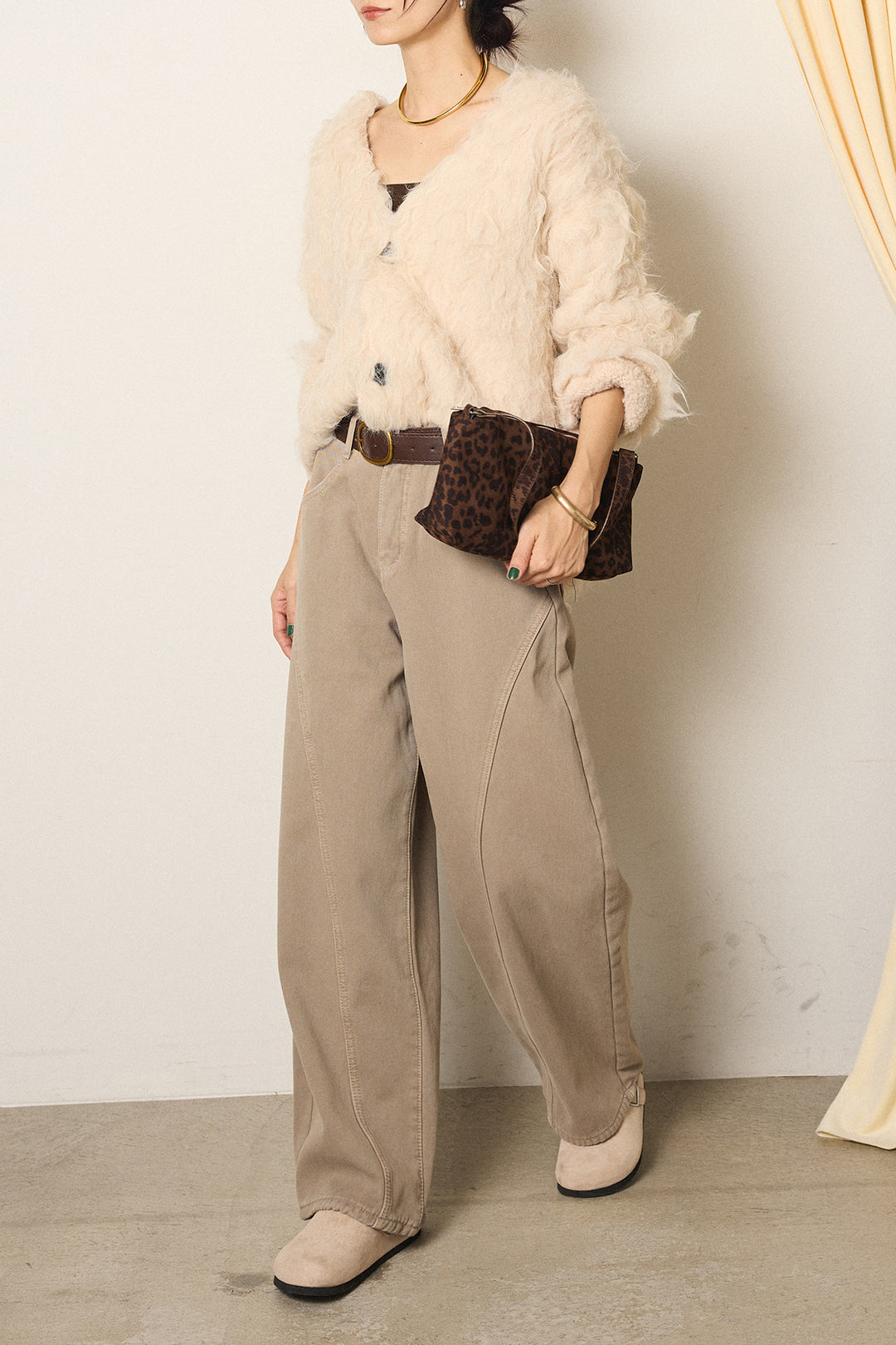 [SET]起毛シャギーニットカーディガン+ベルト付きカジュアルカーブワイドパンツ(2set)