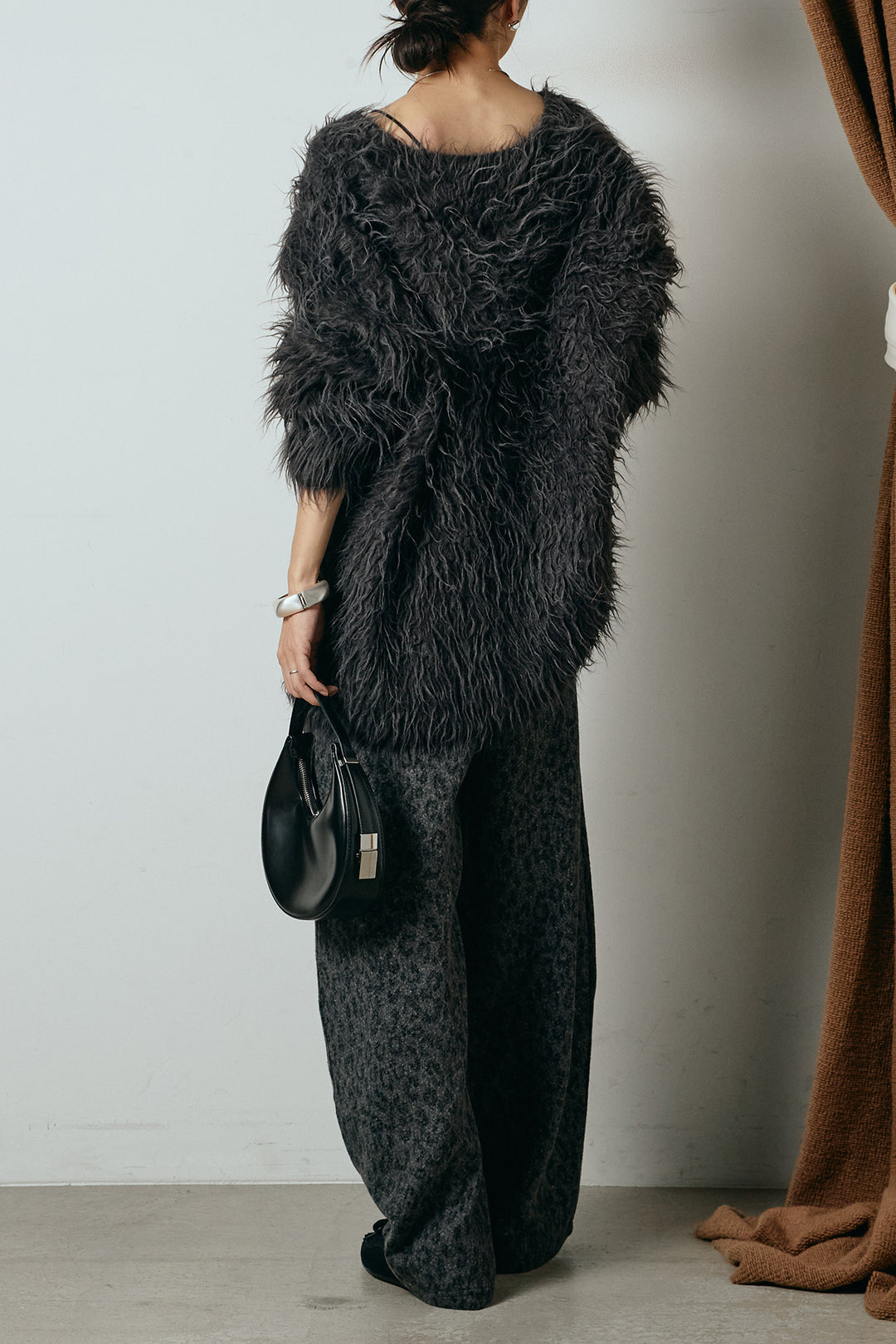 [SET]深Vネックシャギーニットトップス+リラックスレオパード柄ワイドパンツ(2set)