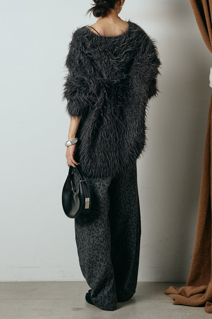 [SET]深Vネックシャギーニットトップス+リラックスレオパード柄ワイドパンツ(2set)