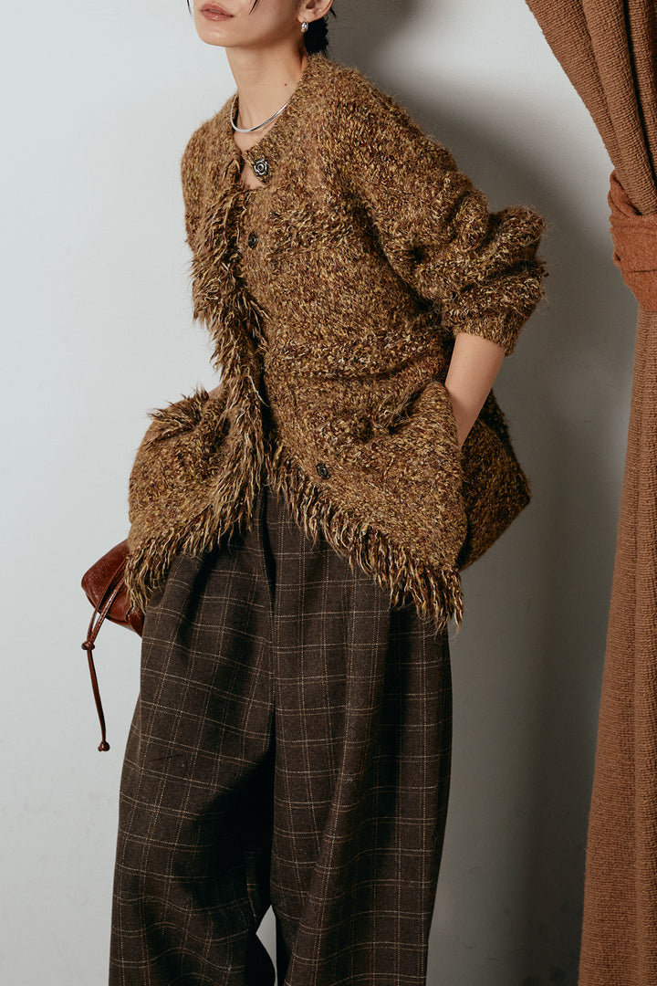 [SET]フリンジニットカーディガン+ウールライクチェックタックパンツ(2set)