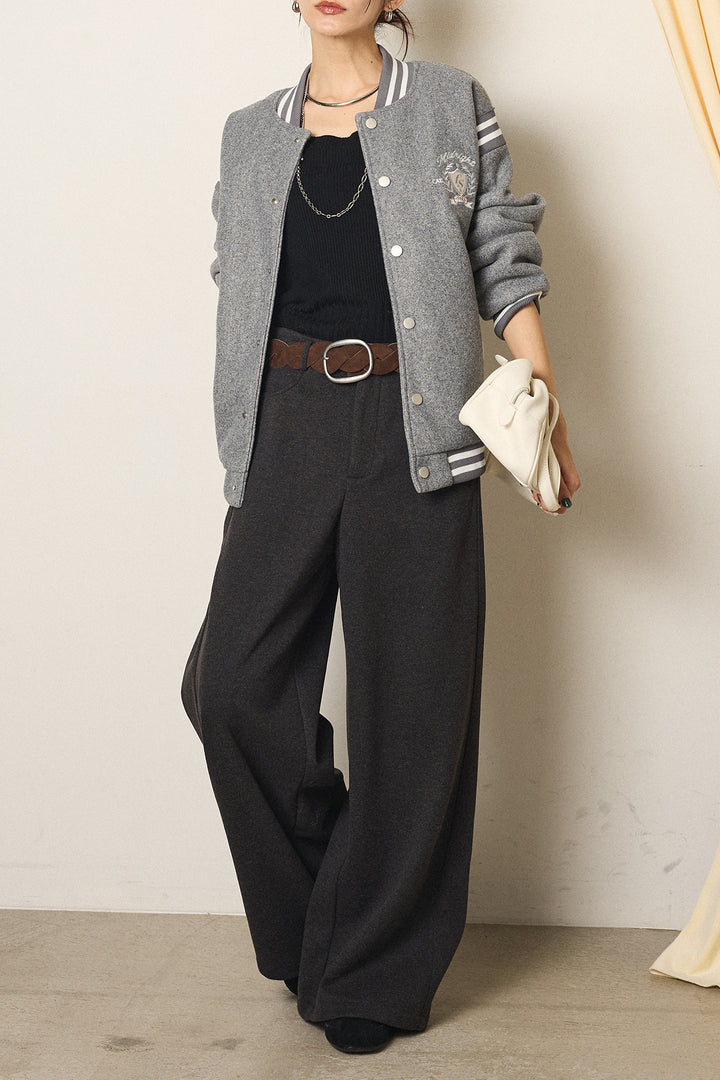 [SET]ワンポイントデザインブルゾン+編みベルト付きワイドパンツ(2set)