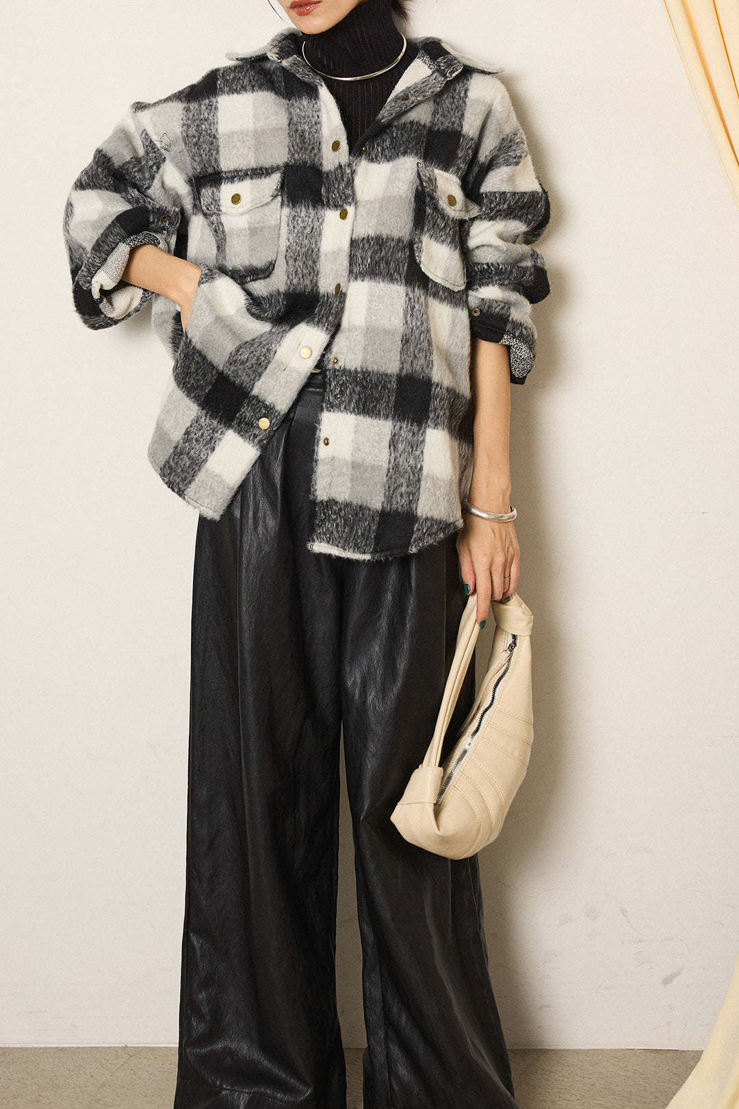 [SET]起毛チェック柄ポケットアウター+ベルト付きレザーライクタックパンツ(2set)