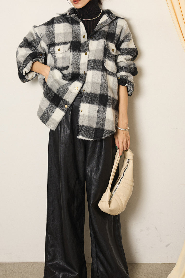 [SET]起毛チェック柄ポケットアウター+ベルト付きレザーライクタックパンツ(2set)
