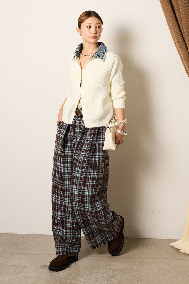 [SET]デニム襟ダブルジップニットトップス+スタッズデザインベルトタータンチェックパンツ(2set)