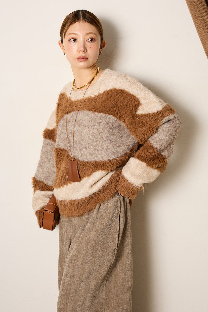 [SET]シャギーウェーブ柄クルーネックニットトップス+かすれデザインワイドパンツ(2set)