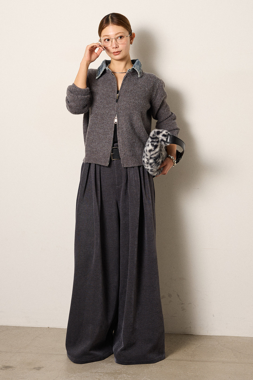 [SET]デニム襟ダブルジップニットトップス+ベルトループコーデュロイワイドパンツ(2set)