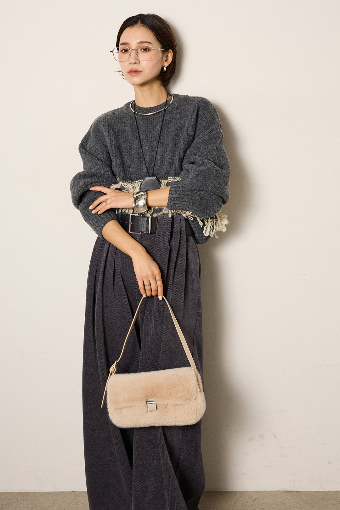 [SET]ループ編み切り替えニットプルオーバー+ベルトループコーデュロイワイドパンツ(2set)