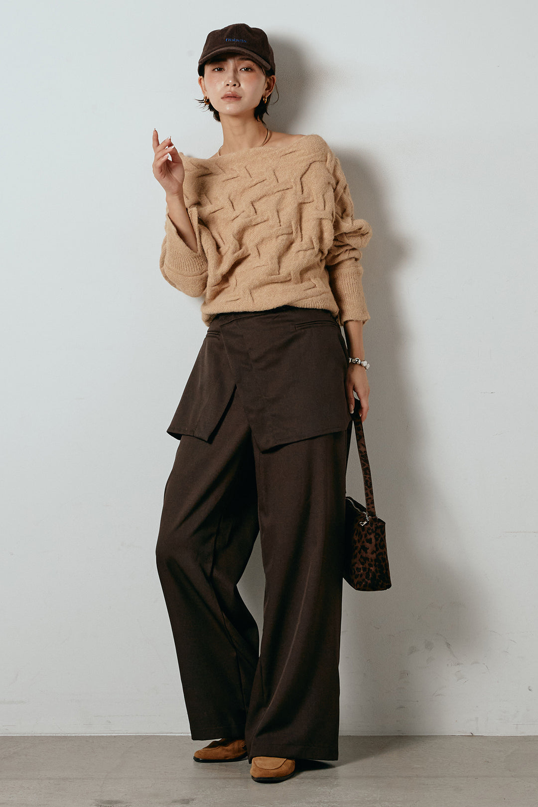 [SET]ボートネックニットトップス+ベルト付きウエストデザインパンツ(2set)