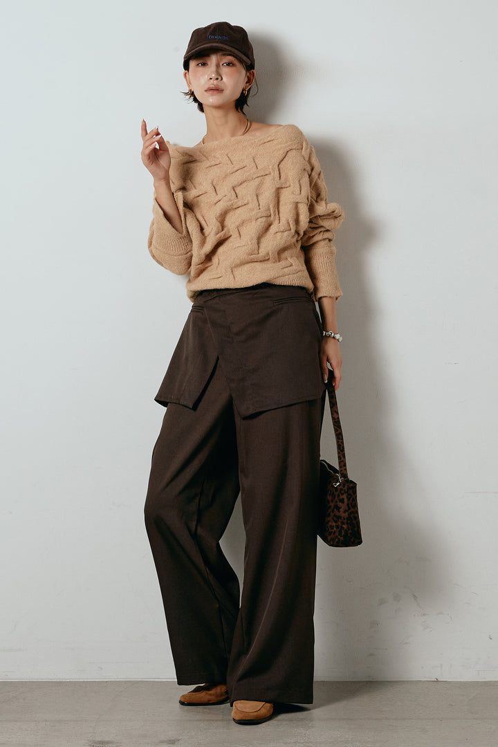 [SET]ボートネックニットトップス+ベルト付きウエストデザインパンツ(2set)