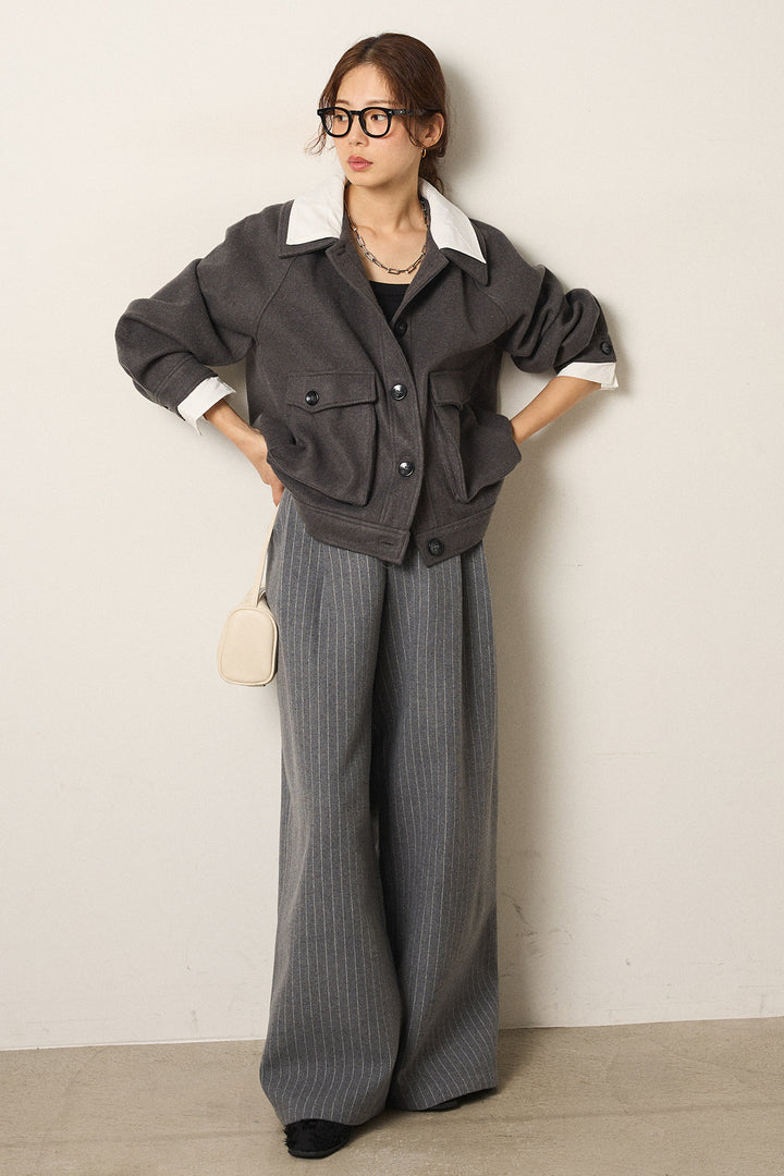 [SET]衿レイヤードフェイクウールジャケット+ウールライクストライプパンツ(2set)