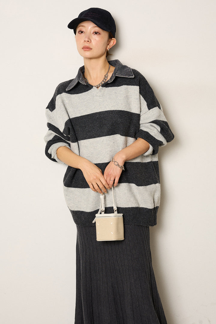 [SET]デニムカラーボーダールーズニット+編み地切り替えフレアニットスカート(2set)
