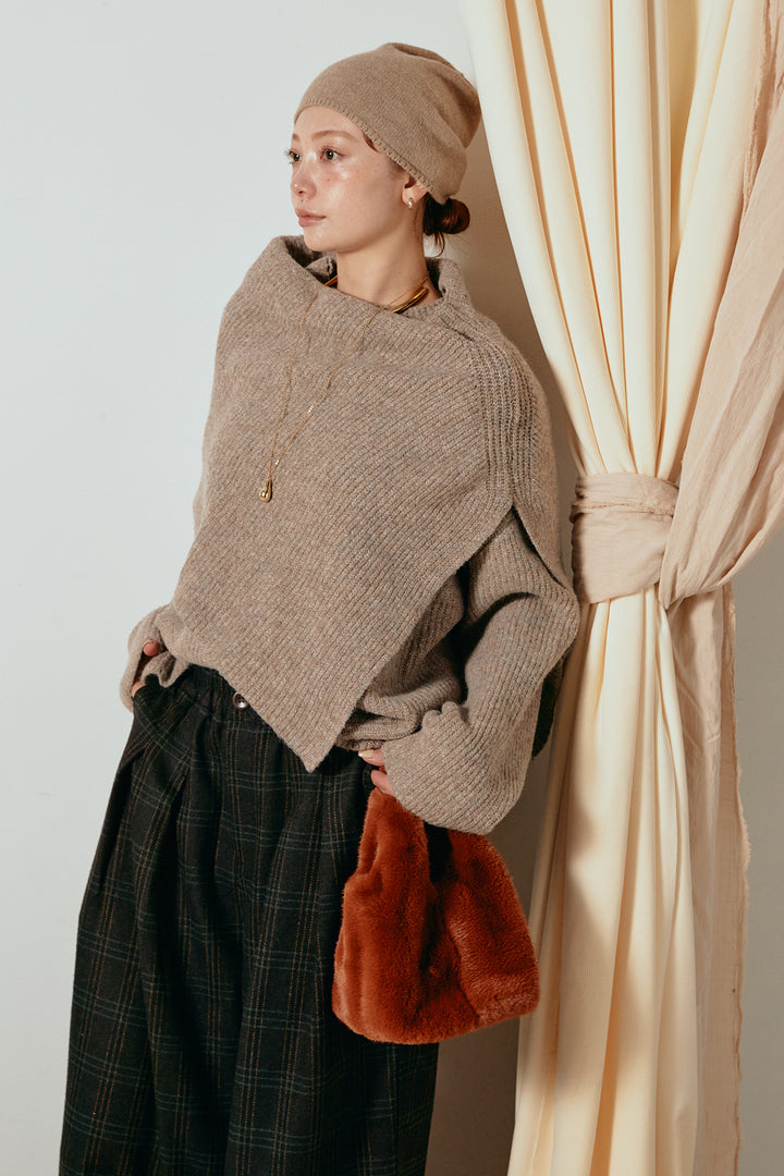 [SET]ケープデザインリブニットトップス+タータンチェック柄タックパンツ(2set)