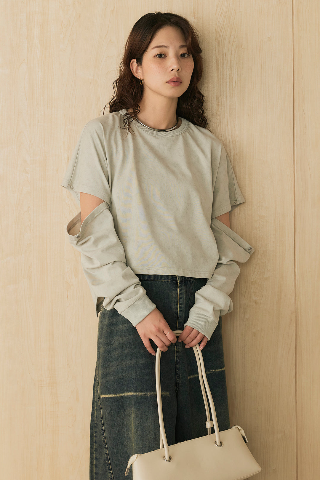 [SET]セパレートフェードTシャツ+ランダムダメージデニムワイドパンツ(2set)