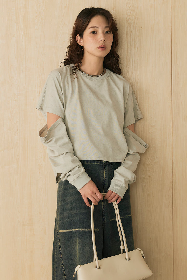 [SET]セパレートフェードTシャツ+ランダムダメージデニムワイドパンツ(2set)