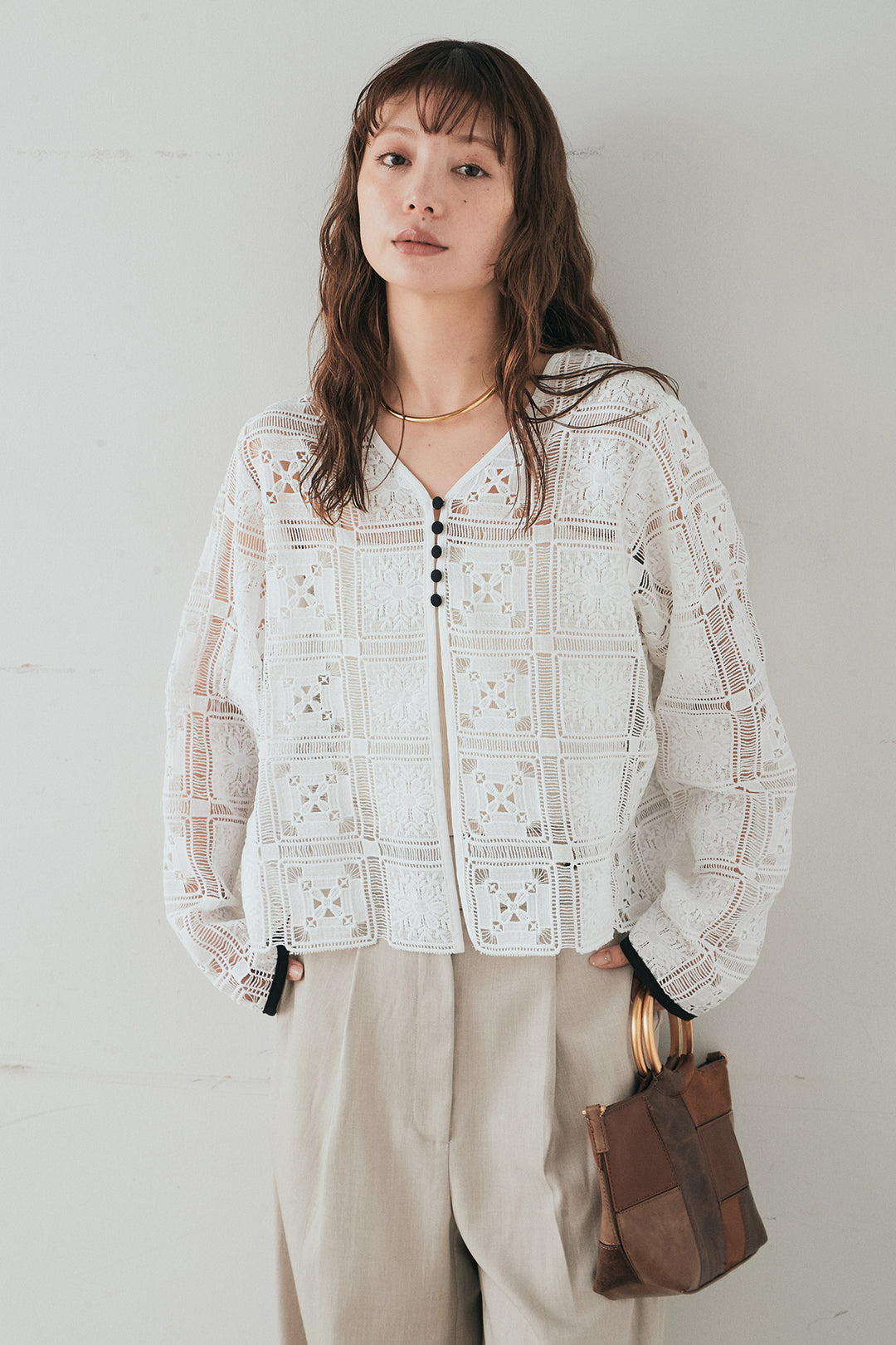 [SET]クロシェレースカーディガン+センタープレスセミワイドパンツ(2set)