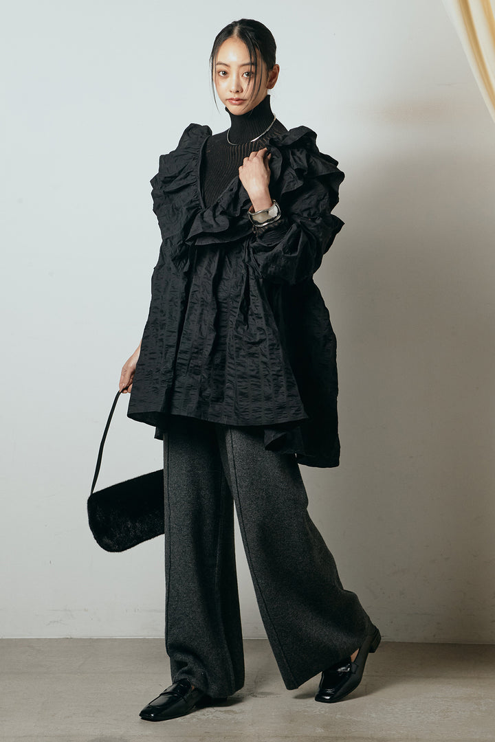 [SET]Vネックフリルカラーブラウス+リブニットシームレスタートルプルオーバー+センターラインニットパンツ(3set)