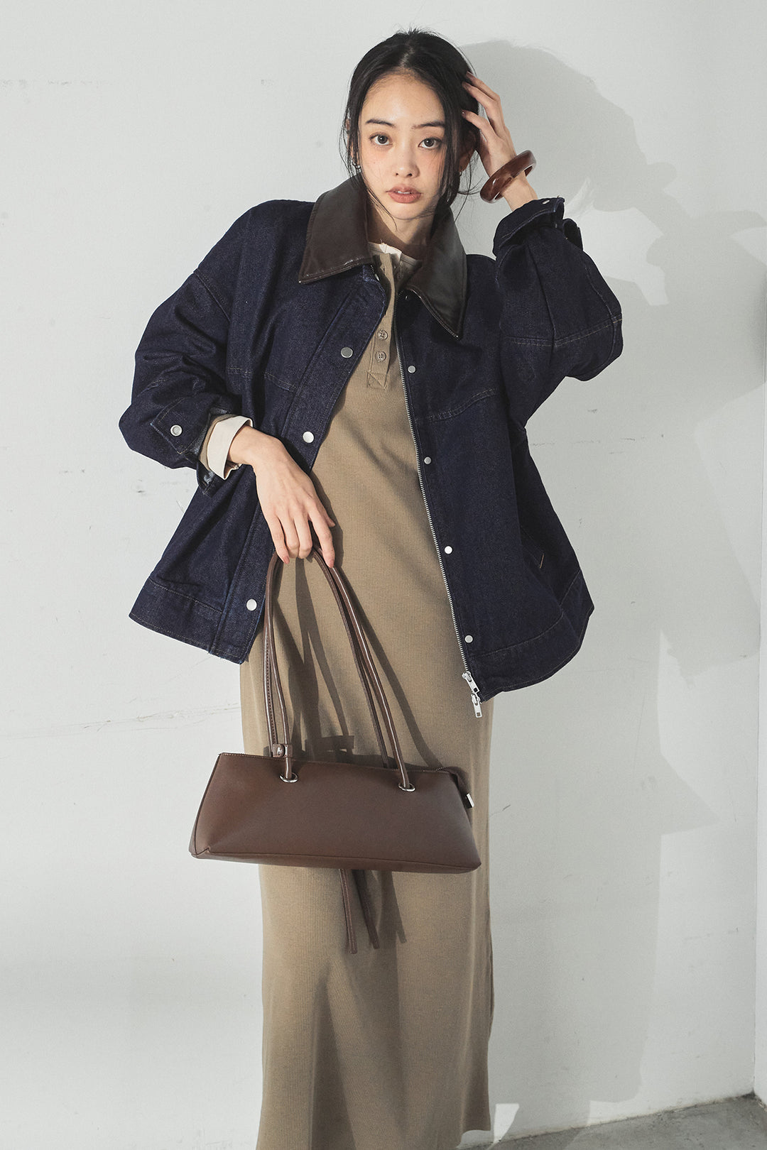 [SET]加工デニムレザー襟付きデニムブルゾン+カットリブレイヤードヘンリーネックワンピース(2set)